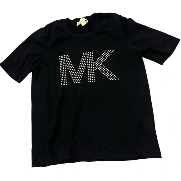 Michael Kors Women Black Short Sleeve sweater top Studded Logo Zs Medium - Picture 2 of 9